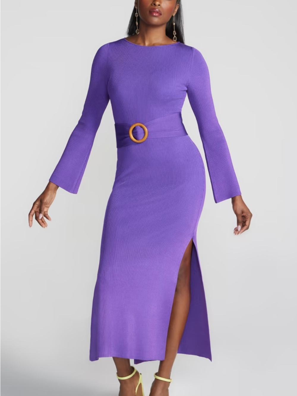 Purple Long-Sleeve Midi Dress with Belted Waist